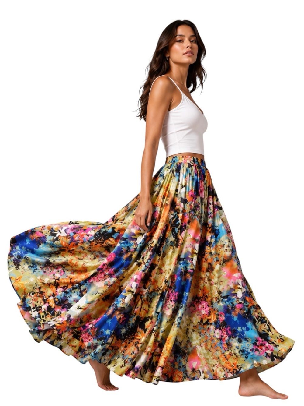 VTG Floral Maxi Skirt Watercolor Garden Print Flowy Elastic Waist Boho Romantic